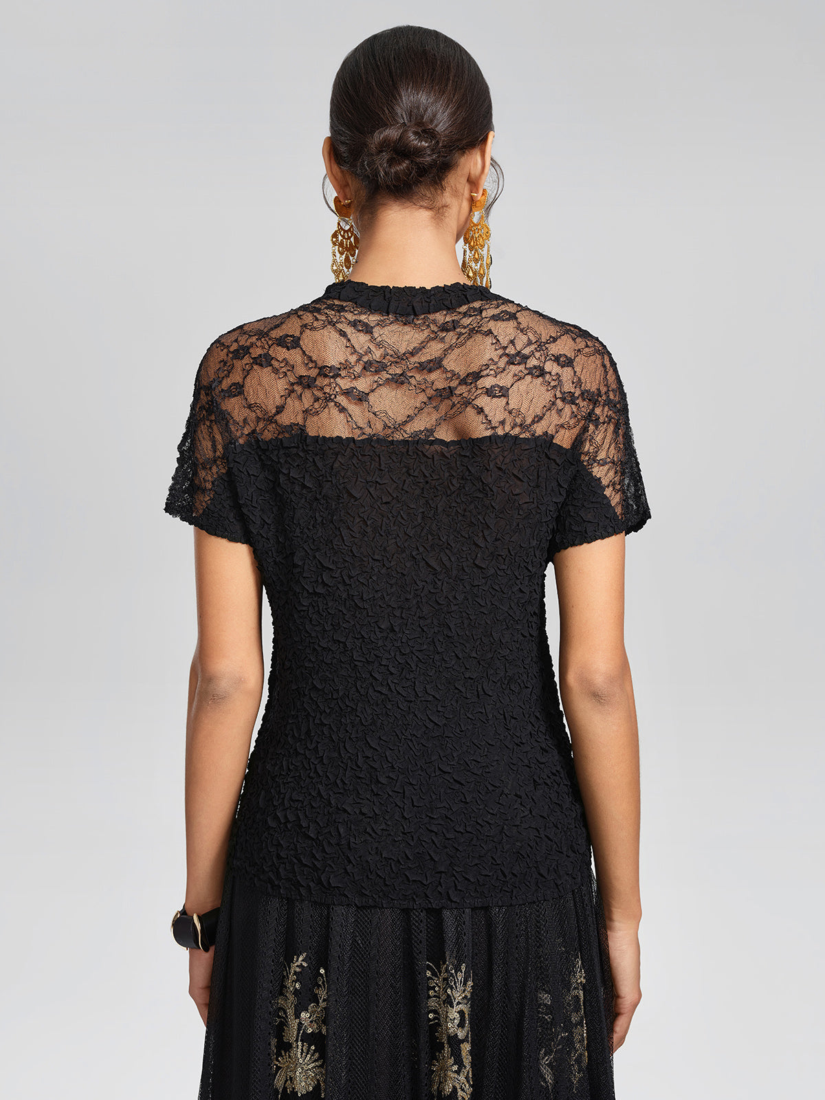 Cutout Lace Mesh Pleated Fitted Top