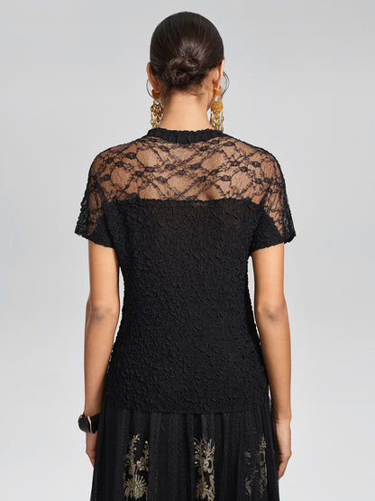 Cutout Lace Mesh Pleated Fitted Top
