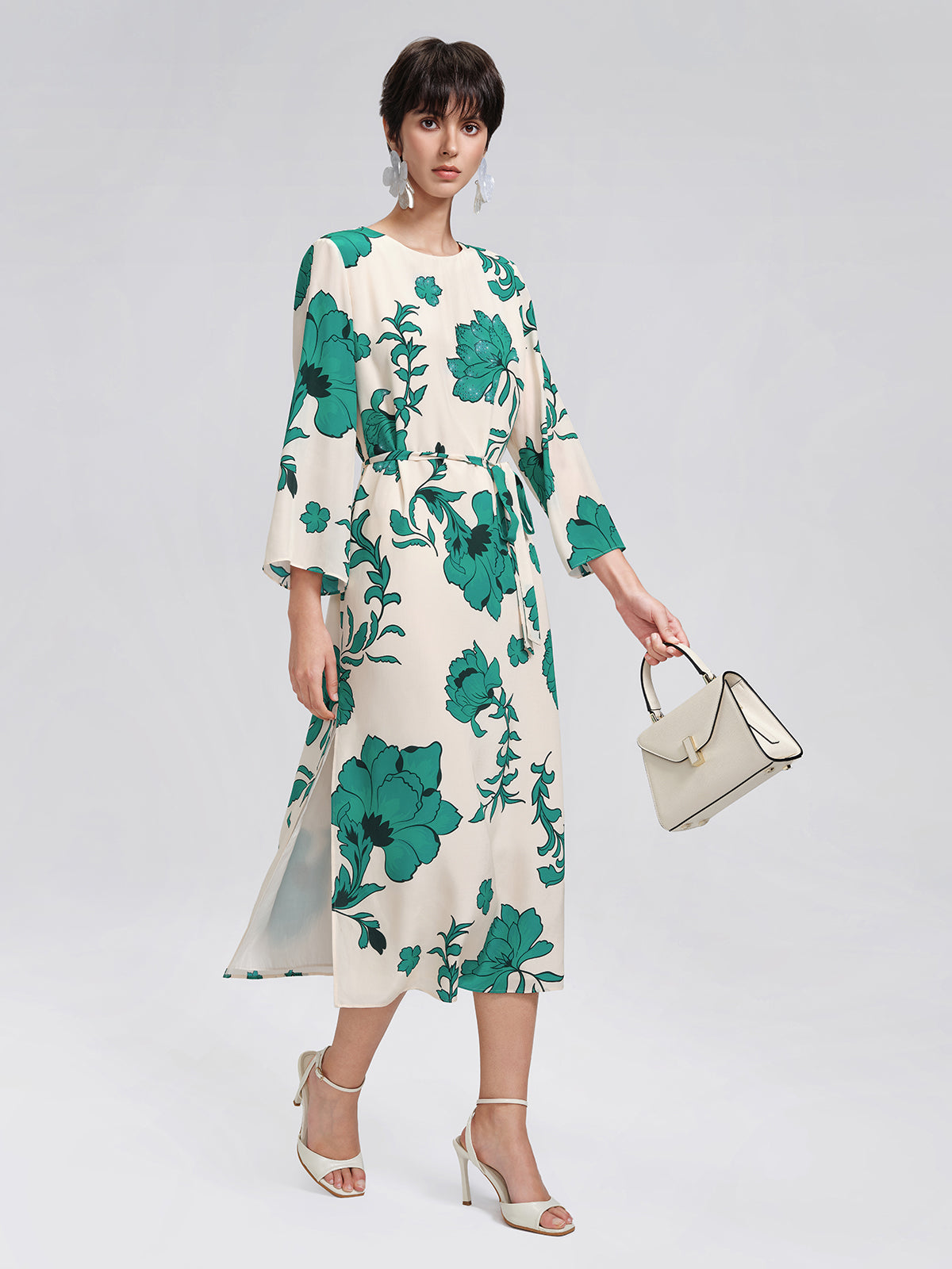 100% Silk Nine-Quarter Sleeve Straight Maxi Dress (Wait Rope Included)