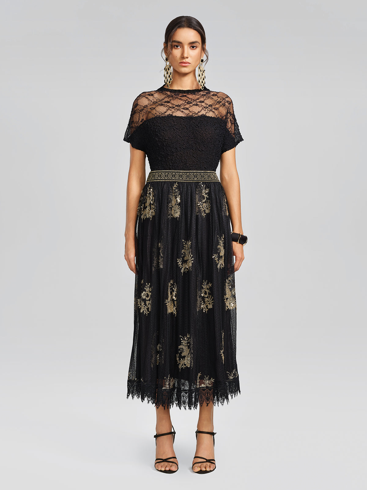 Cutout Lace Mesh Pleated Fitted Top