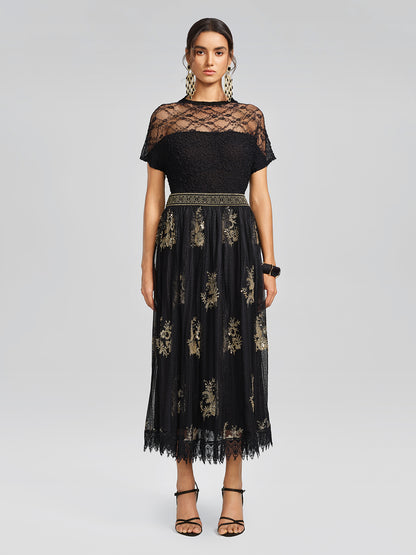 Cutout Lace Mesh Pleated Fitted Top