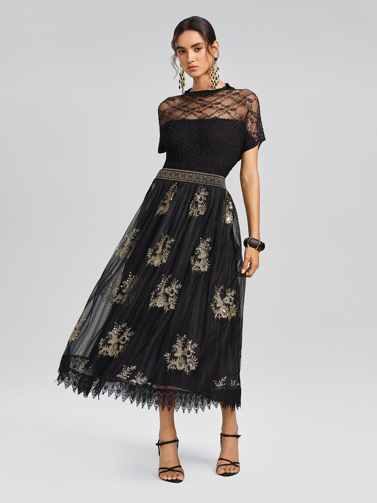 Cutout Lace Mesh Pleated Fitted Top
