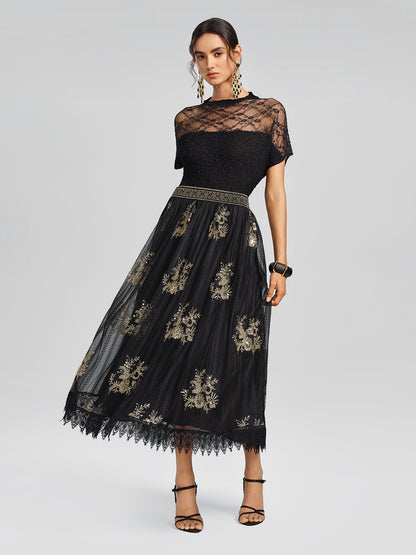 Cutout Lace Mesh Pleated Fitted Top
