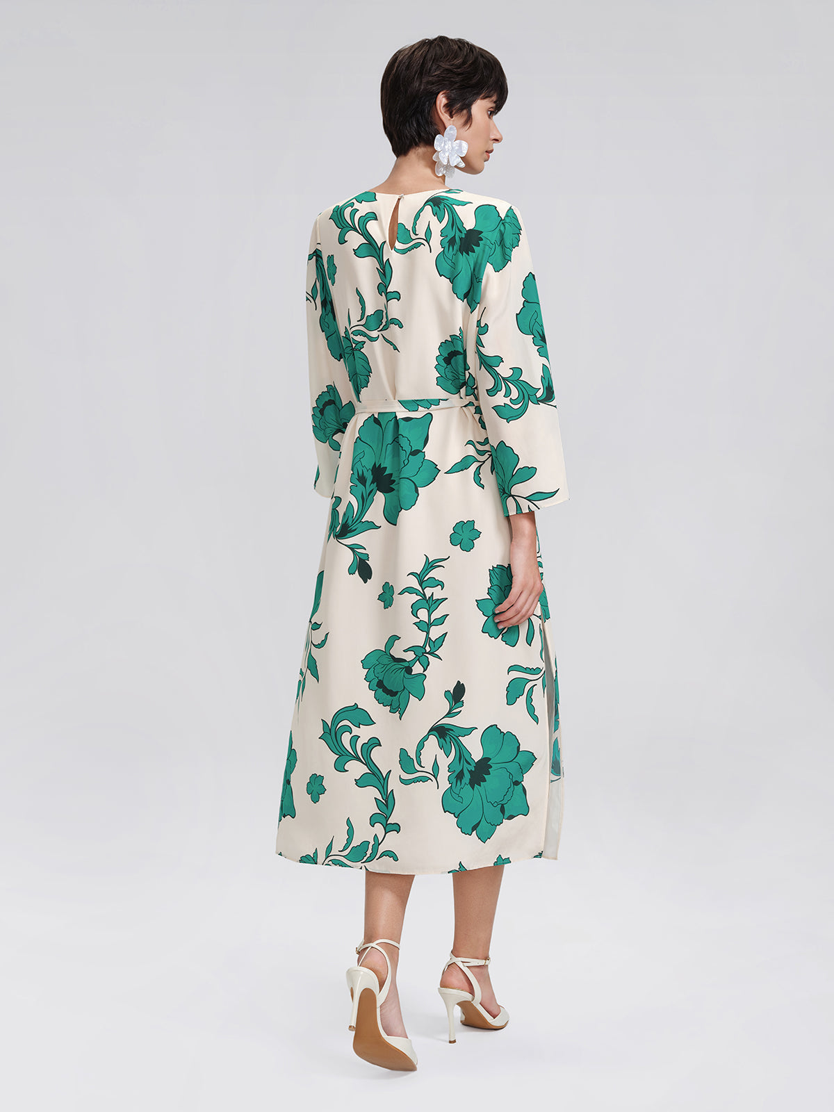 100% Silk Nine-Quarter Sleeve Straight Maxi Dress (Wait Rope Included)