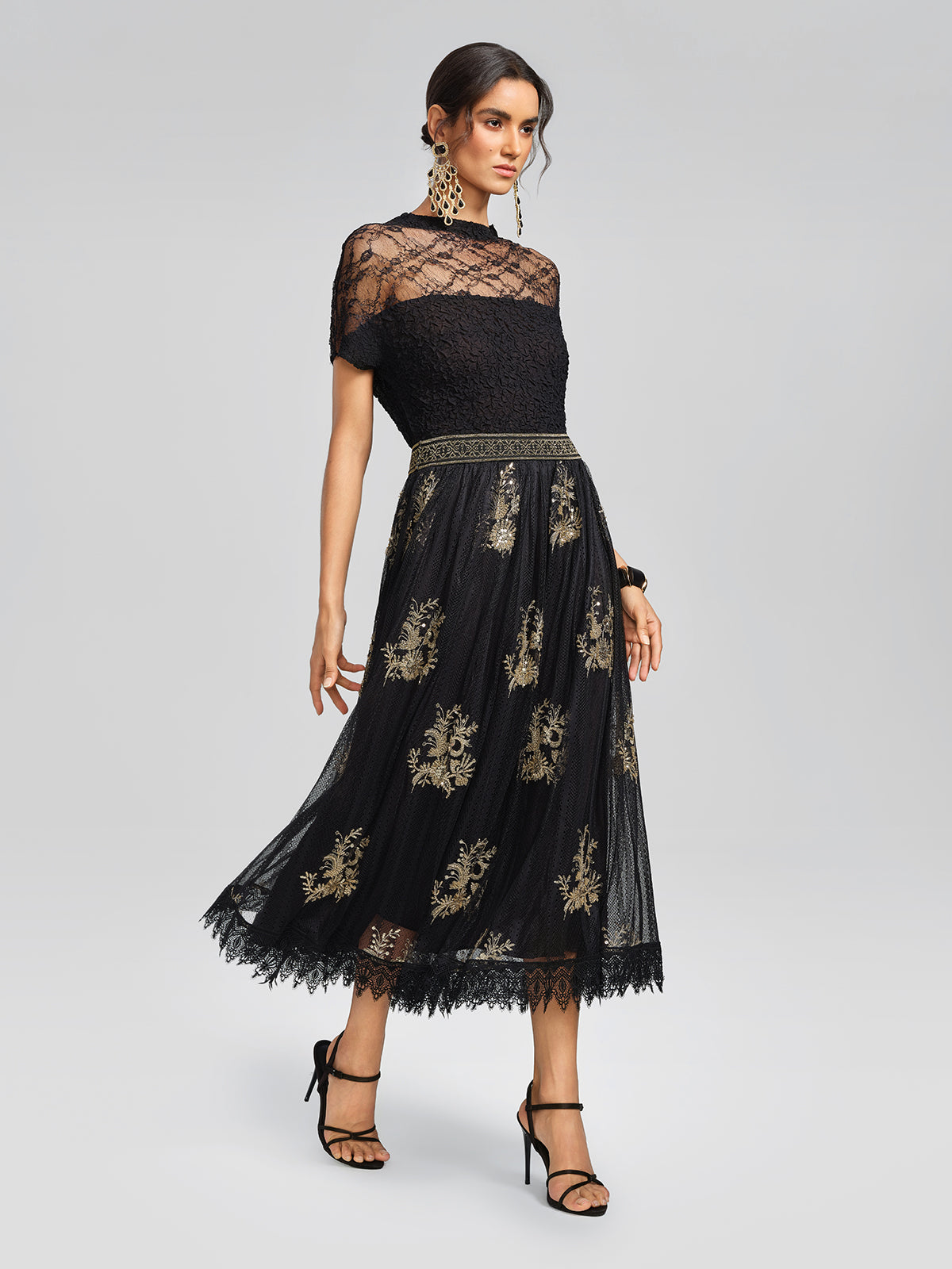 Cutout Lace Mesh Pleated Fitted Top