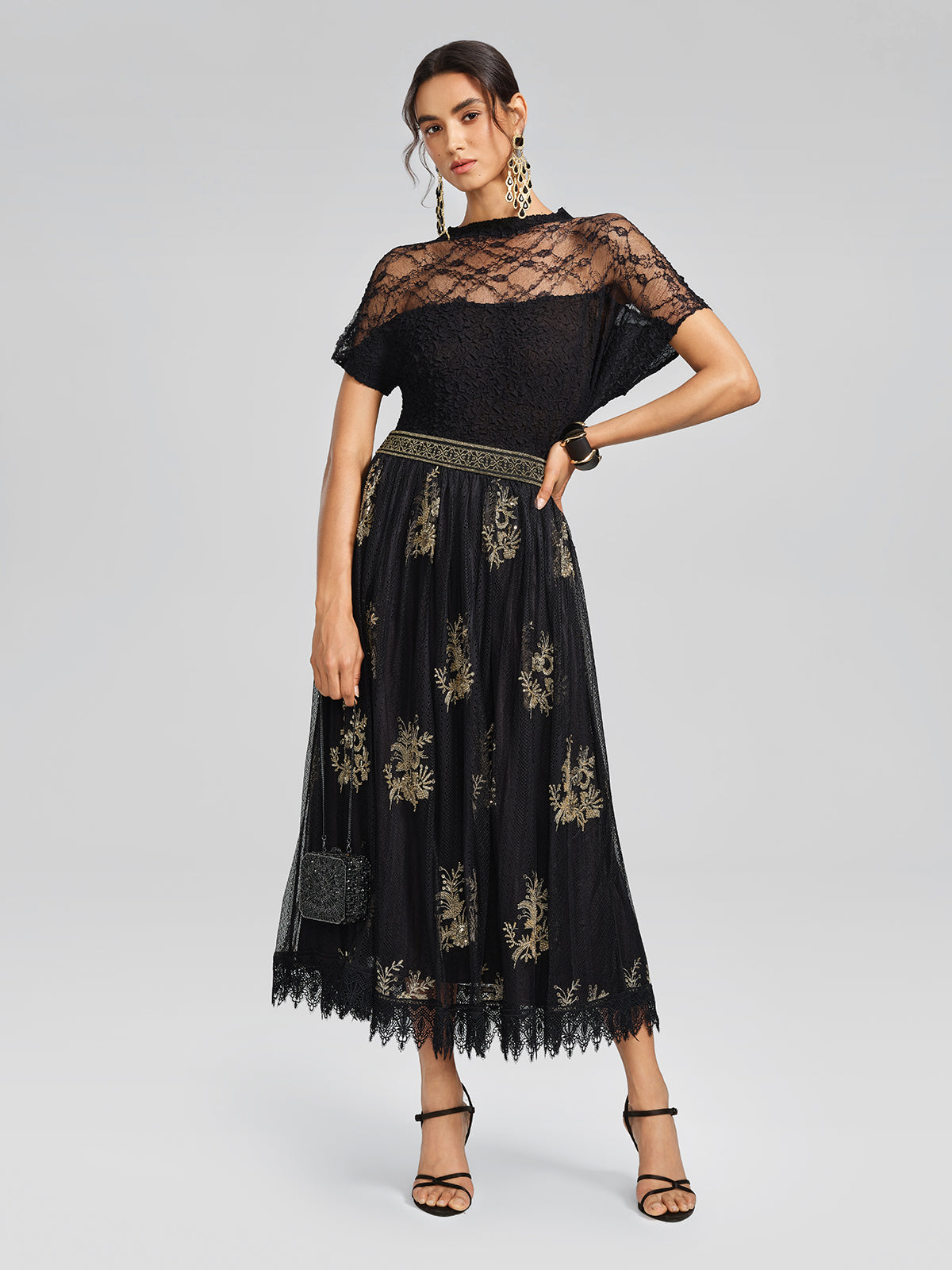 Cutout Lace Mesh Pleated Fitted Top