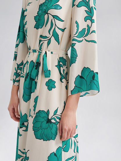 100% Silk Nine-Quarter Sleeve Straight Maxi Dress (Wait Rope Included)
