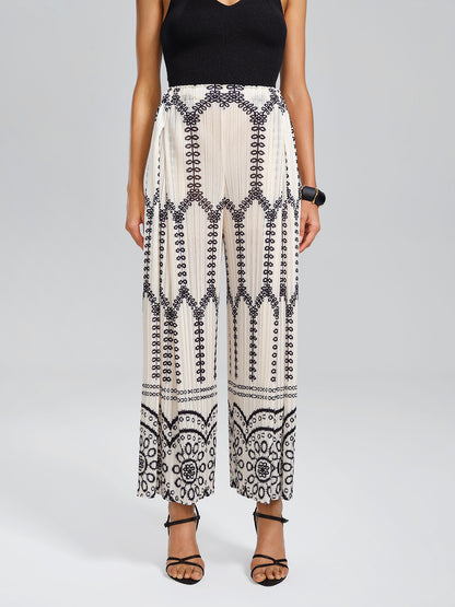 Bohemian Print Pleated Wide-Leg Pants