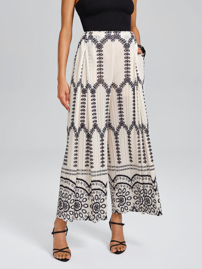 Bohemian Print Pleated Wide-Leg Pants