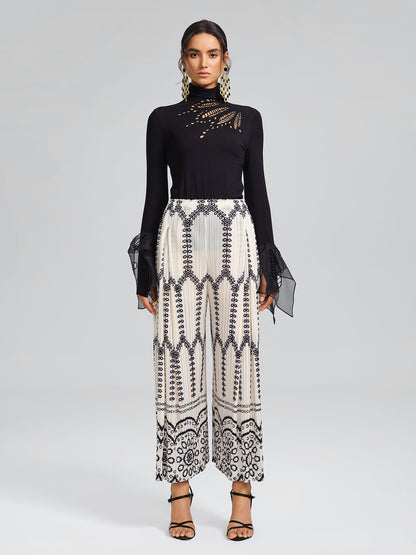 Bohemian Print Pleated Wide-Leg Pants