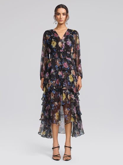 Printed Silk Elastic-Waist Tiered Dress