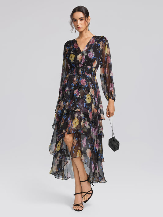 Printed Silk Elastic-Waist Tiered Dress