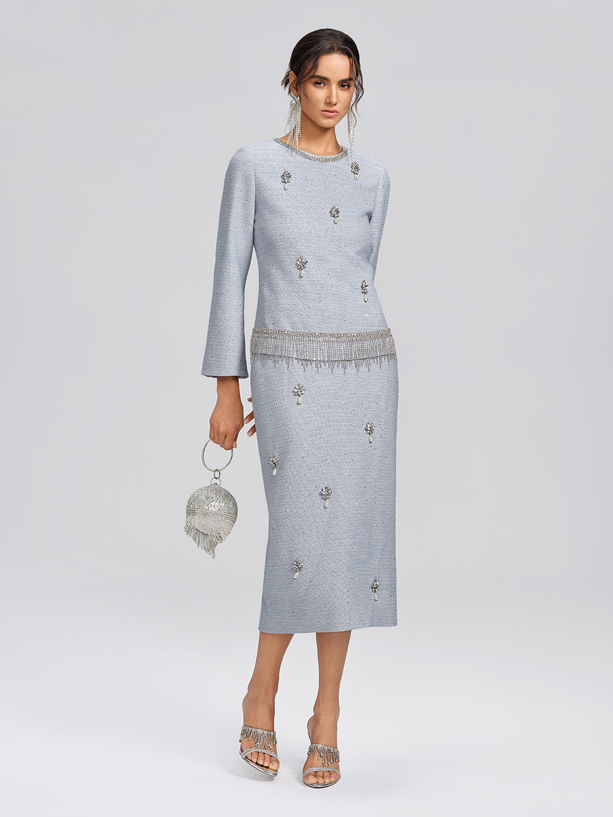 Textured Tweed Beaded Straight Skirt