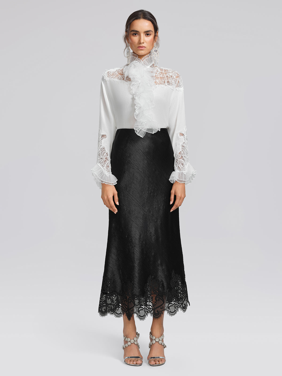 Stretch-Waist Lace Panel Acetate Mermaid Skirt