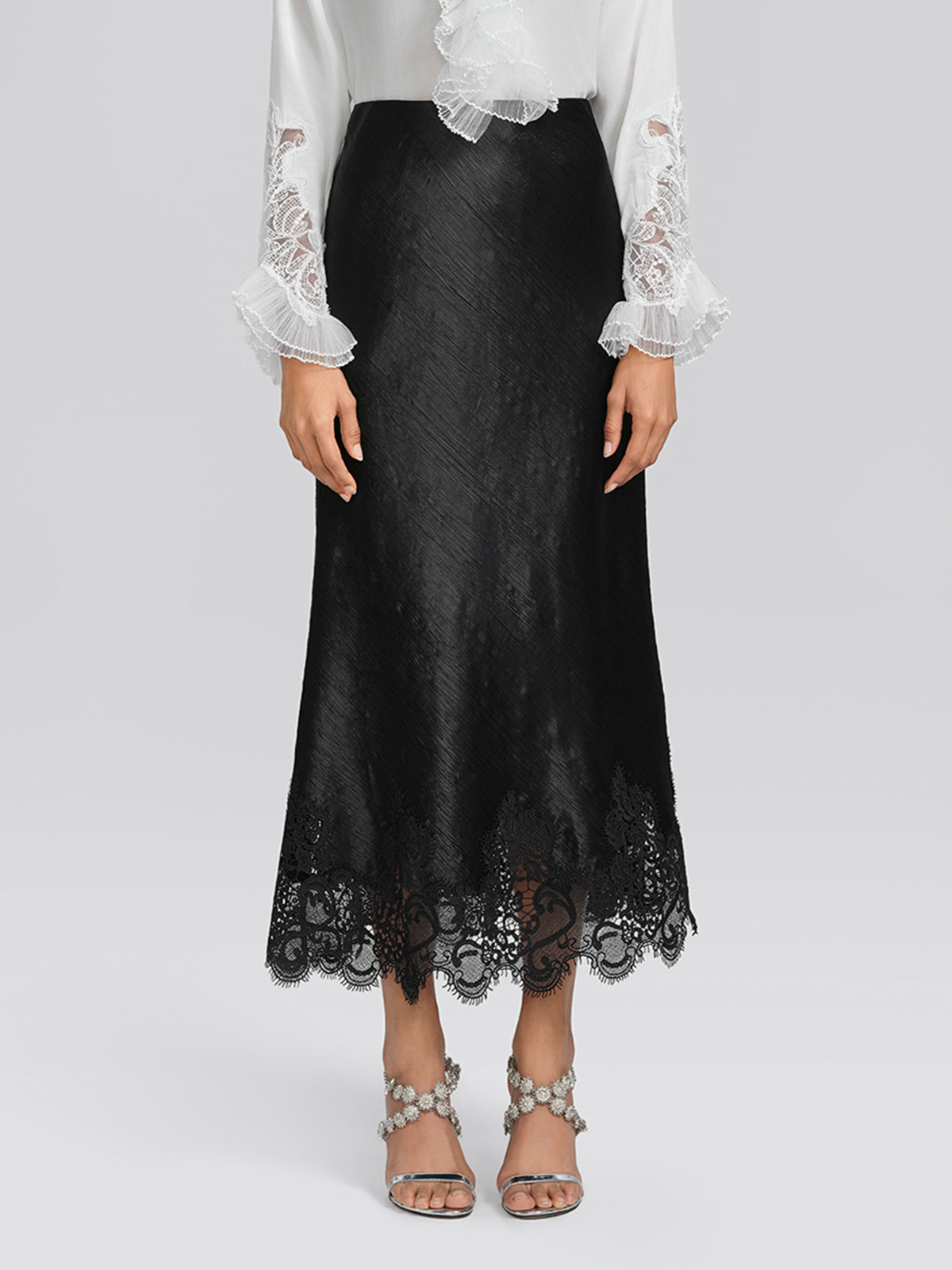 Stretch-Waist Lace Panel Acetate Mermaid Skirt