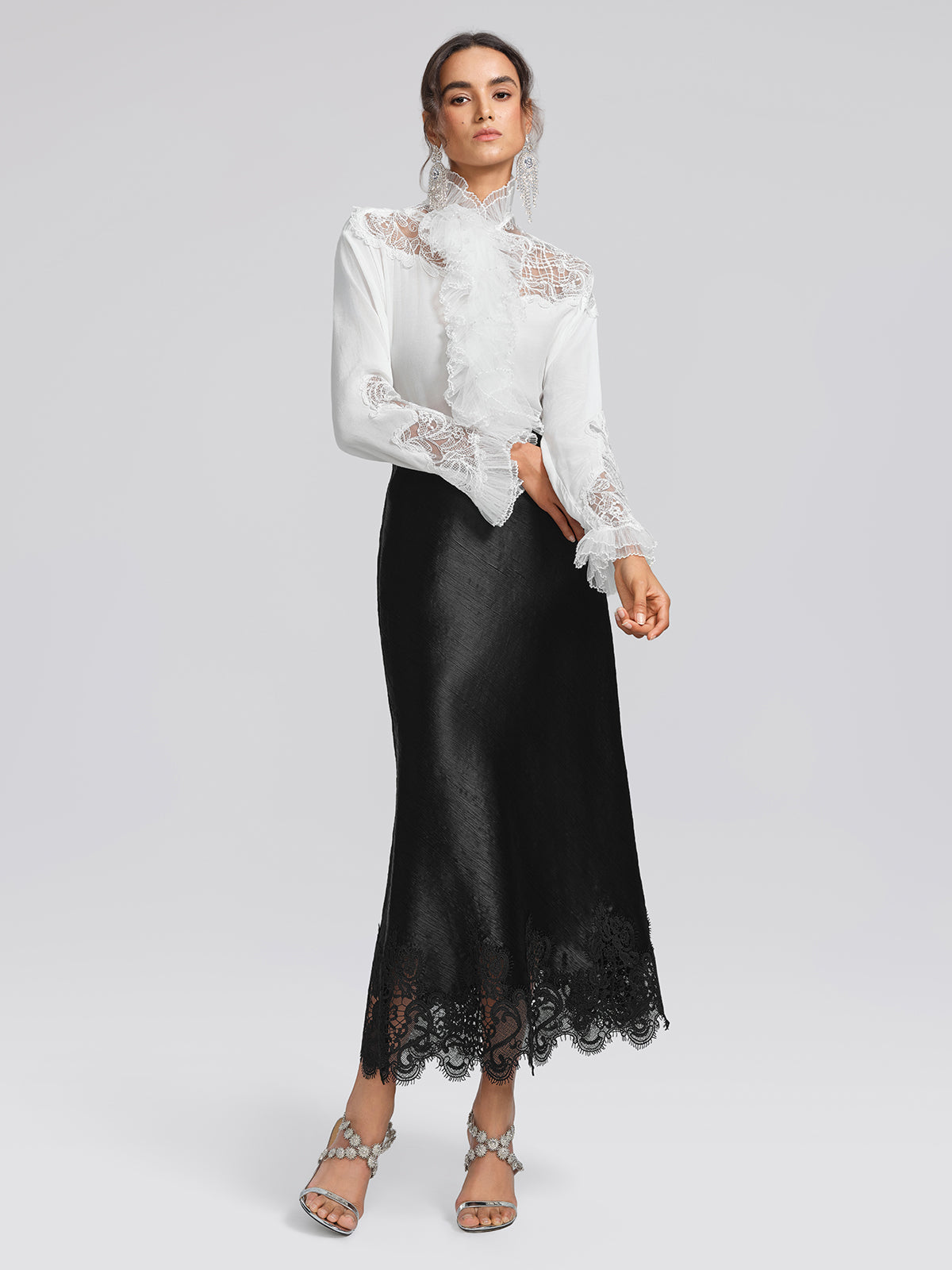 Stretch-Waist Lace Panel Acetate Mermaid Skirt