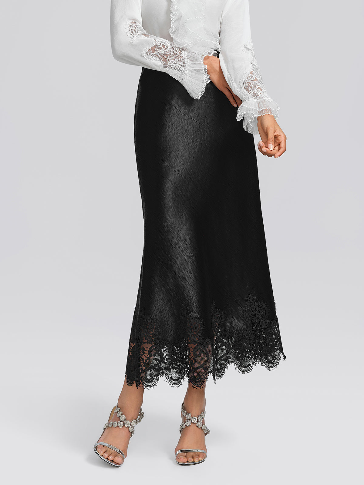 Stretch-Waist Lace Panel Acetate Mermaid Skirt