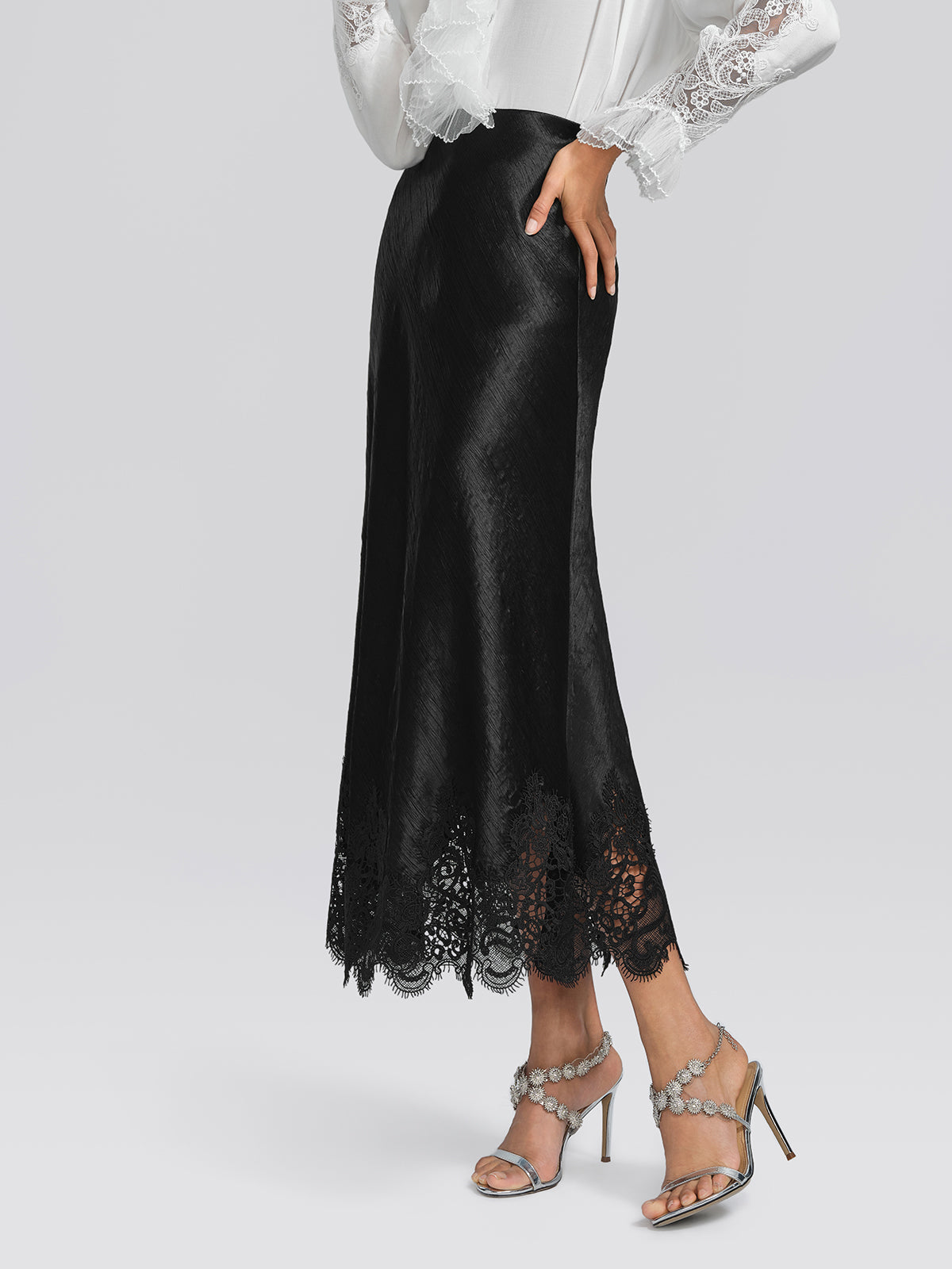 Stretch-Waist Lace Panel Acetate Mermaid Skirt
