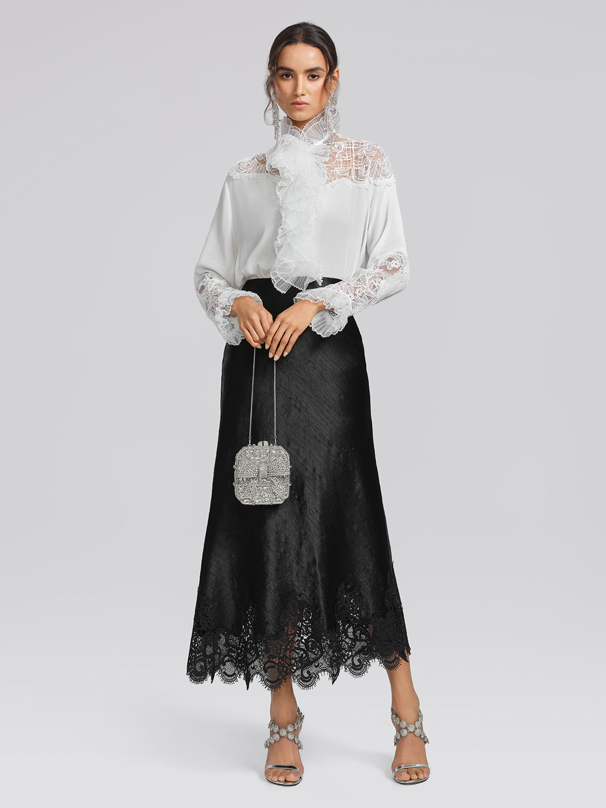 Stretch-Waist Lace Panel Acetate Mermaid Skirt