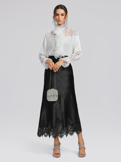 Stretch-Waist Lace Panel Acetate Mermaid Skirt