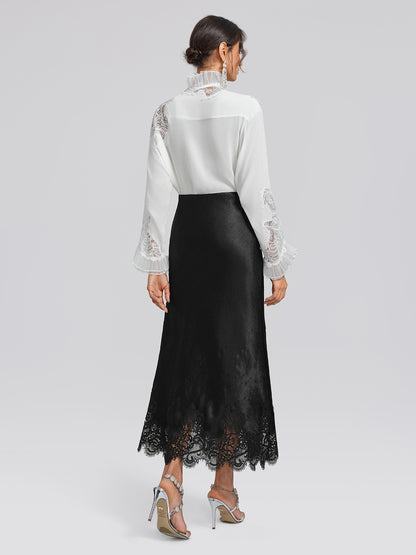 Stretch-Waist Lace Panel Acetate Mermaid Skirt