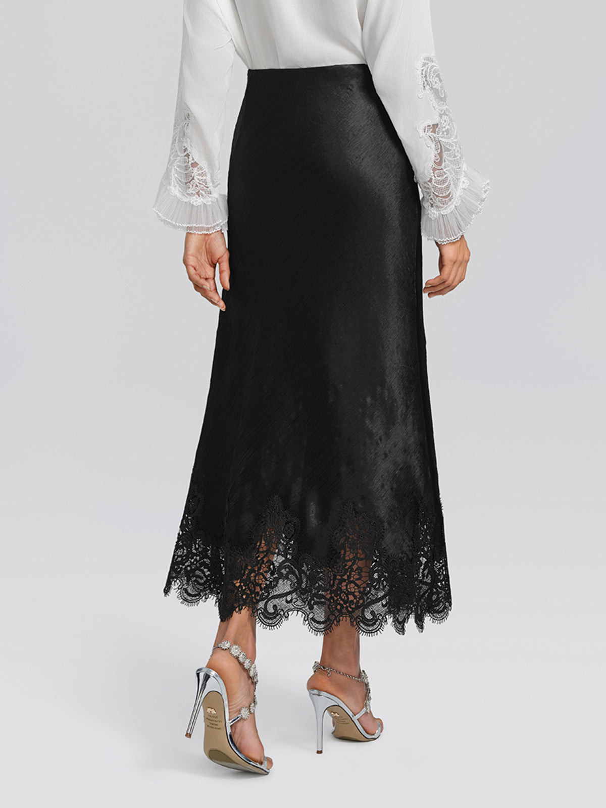 Stretch-Waist Lace Panel Acetate Mermaid Skirt
