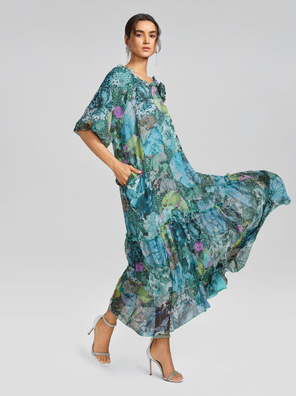 Silk Printed Puff-Sleeve Dress(Waist Tie Included)