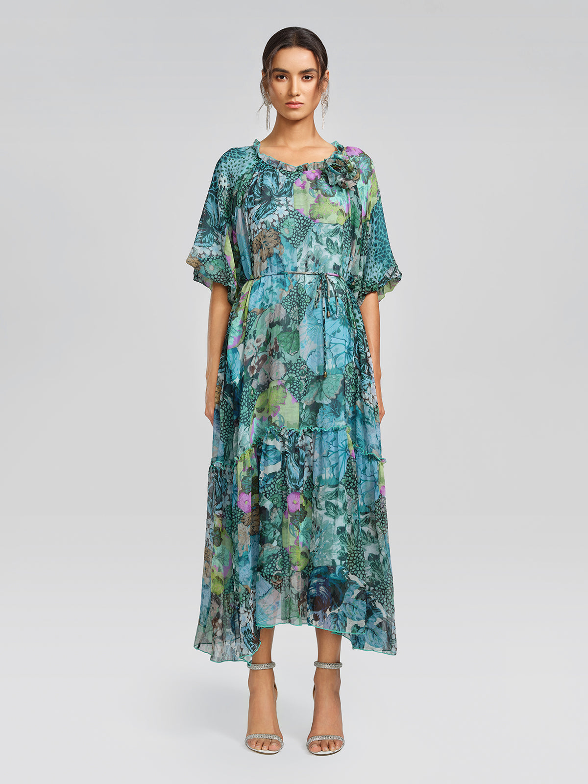 Silk Printed Puff-Sleeve Dress(Waist Tie Included)