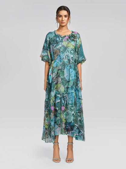 Silk Printed Puff-Sleeve Dress(Waist Tie Included)