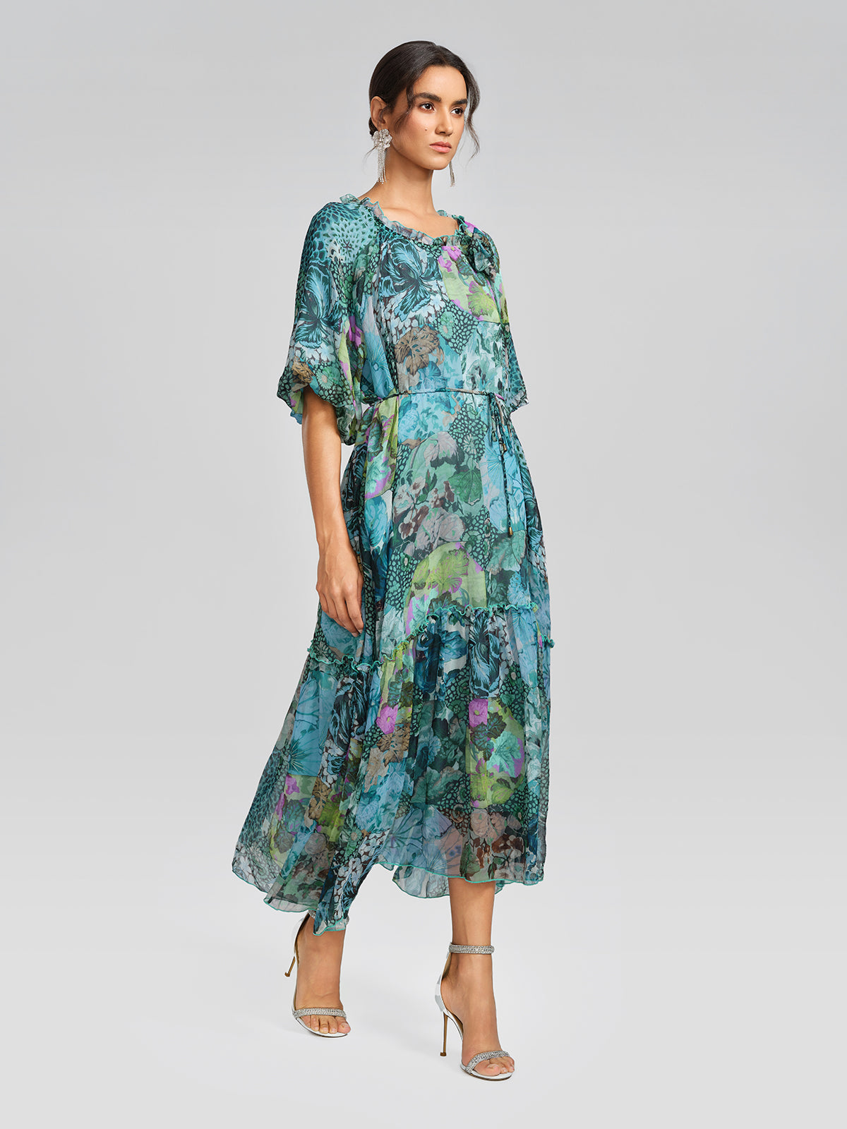 Silk Printed Puff-Sleeve Dress(Waist Tie Included)