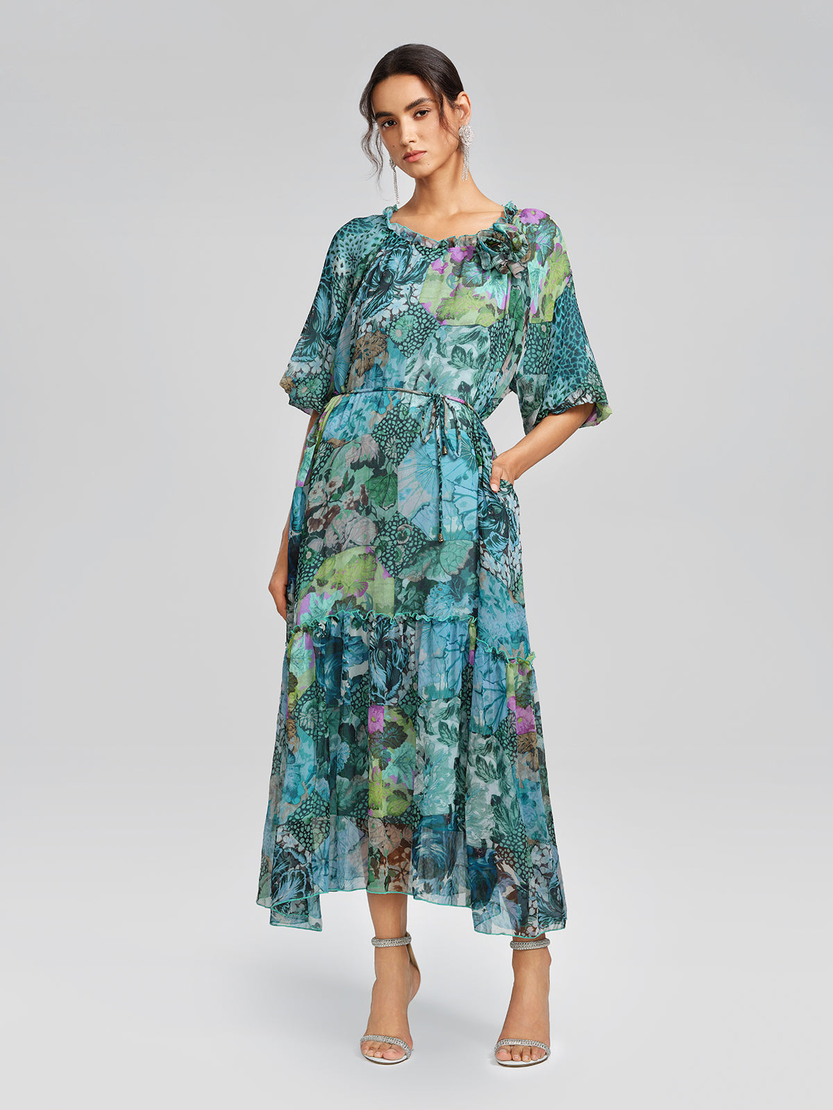 Silk Printed Puff-Sleeve Dress(Waist Tie Included)