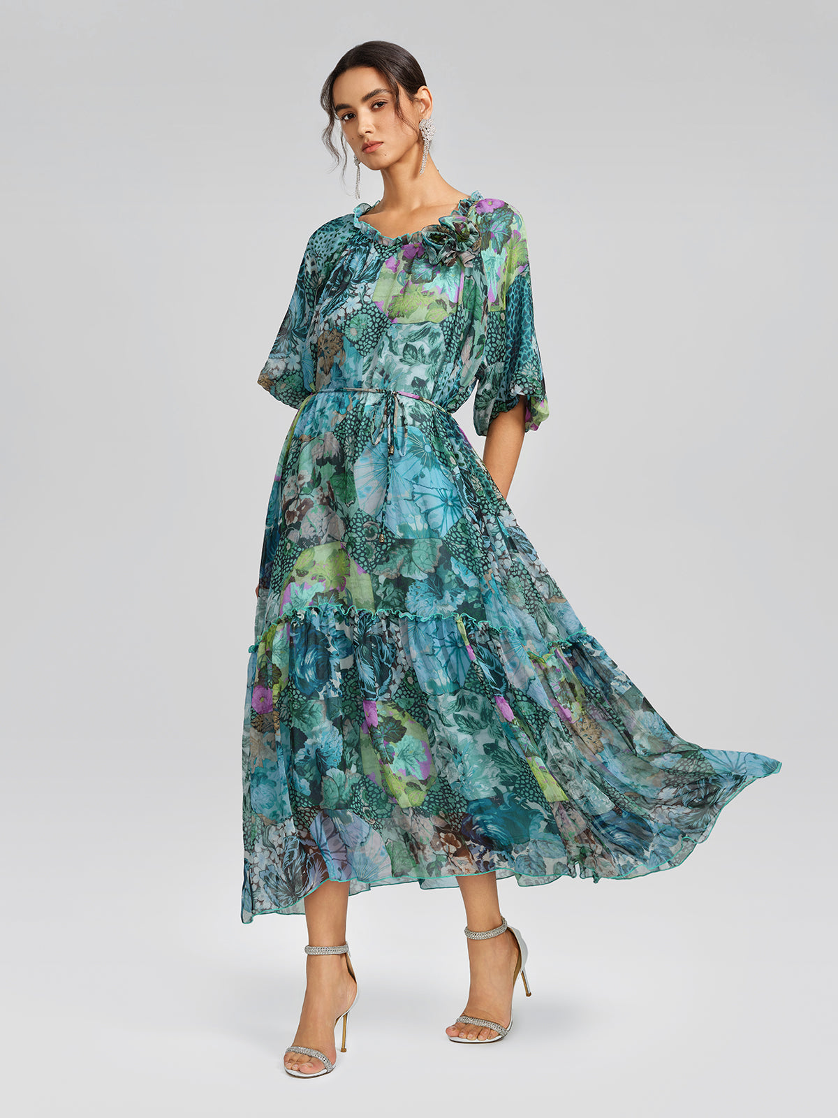 Silk Printed Puff-Sleeve Dress(Waist Tie Included)
