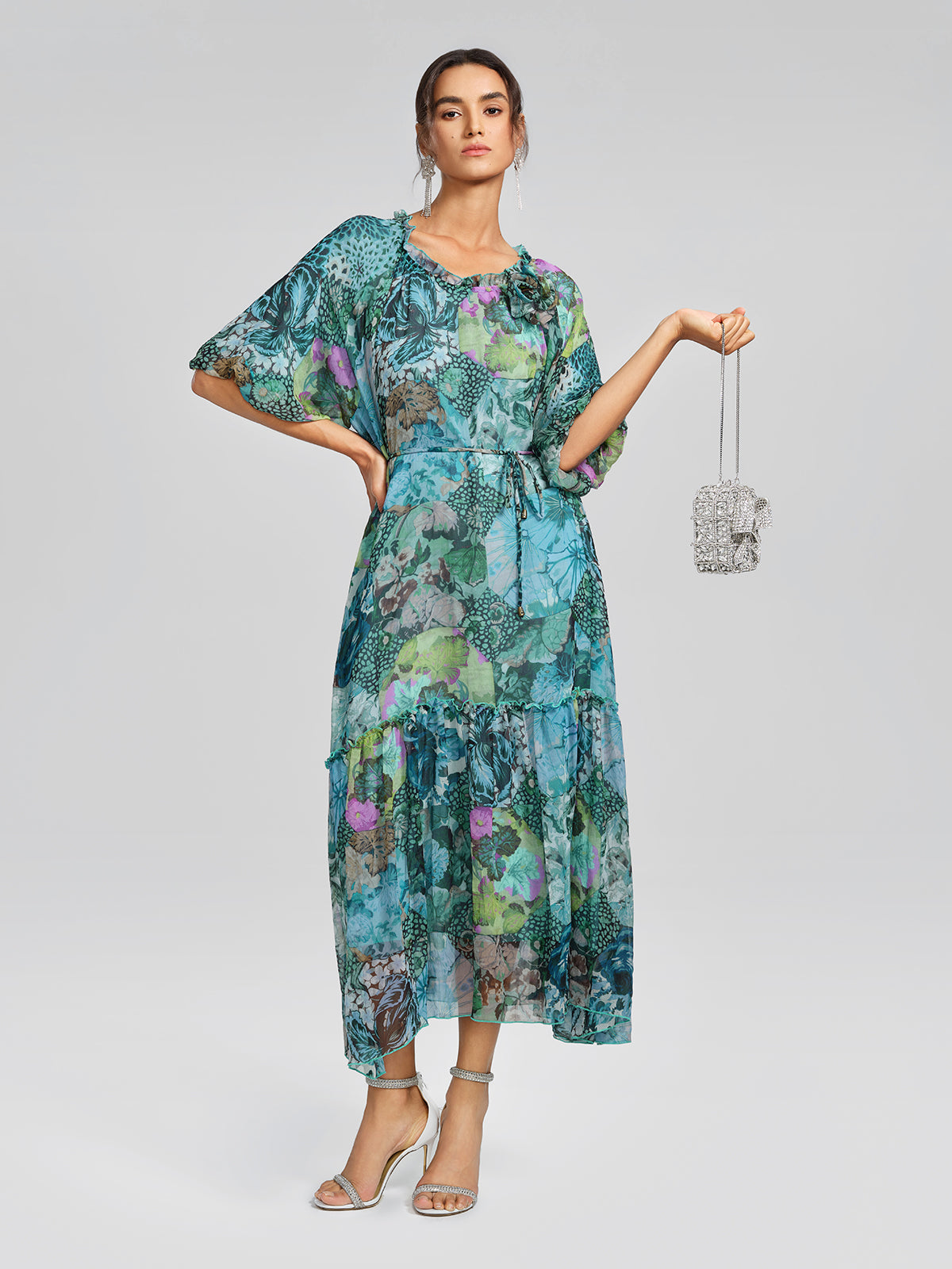 Silk Printed Puff-Sleeve Dress(Waist Tie Included)
