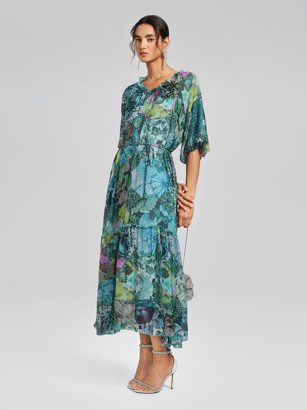 Silk Printed Puff-Sleeve Dress(Waist Tie Included)