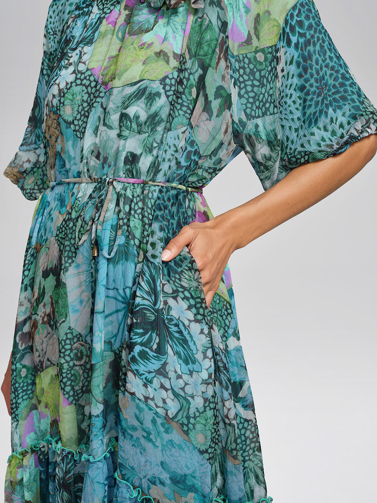 Silk Printed Puff-Sleeve Dress(Waist Tie Included)