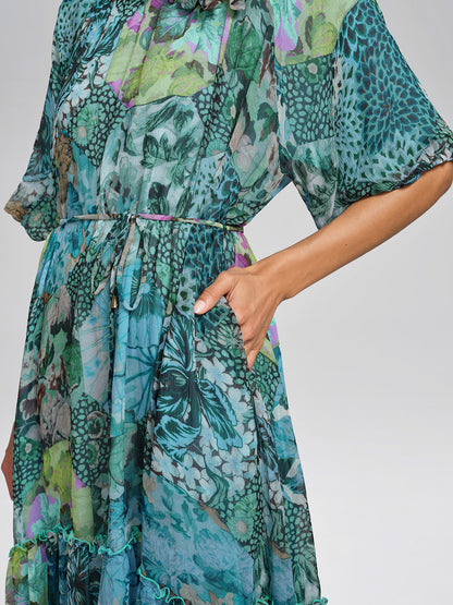Silk Printed Puff-Sleeve Dress(Waist Tie Included)