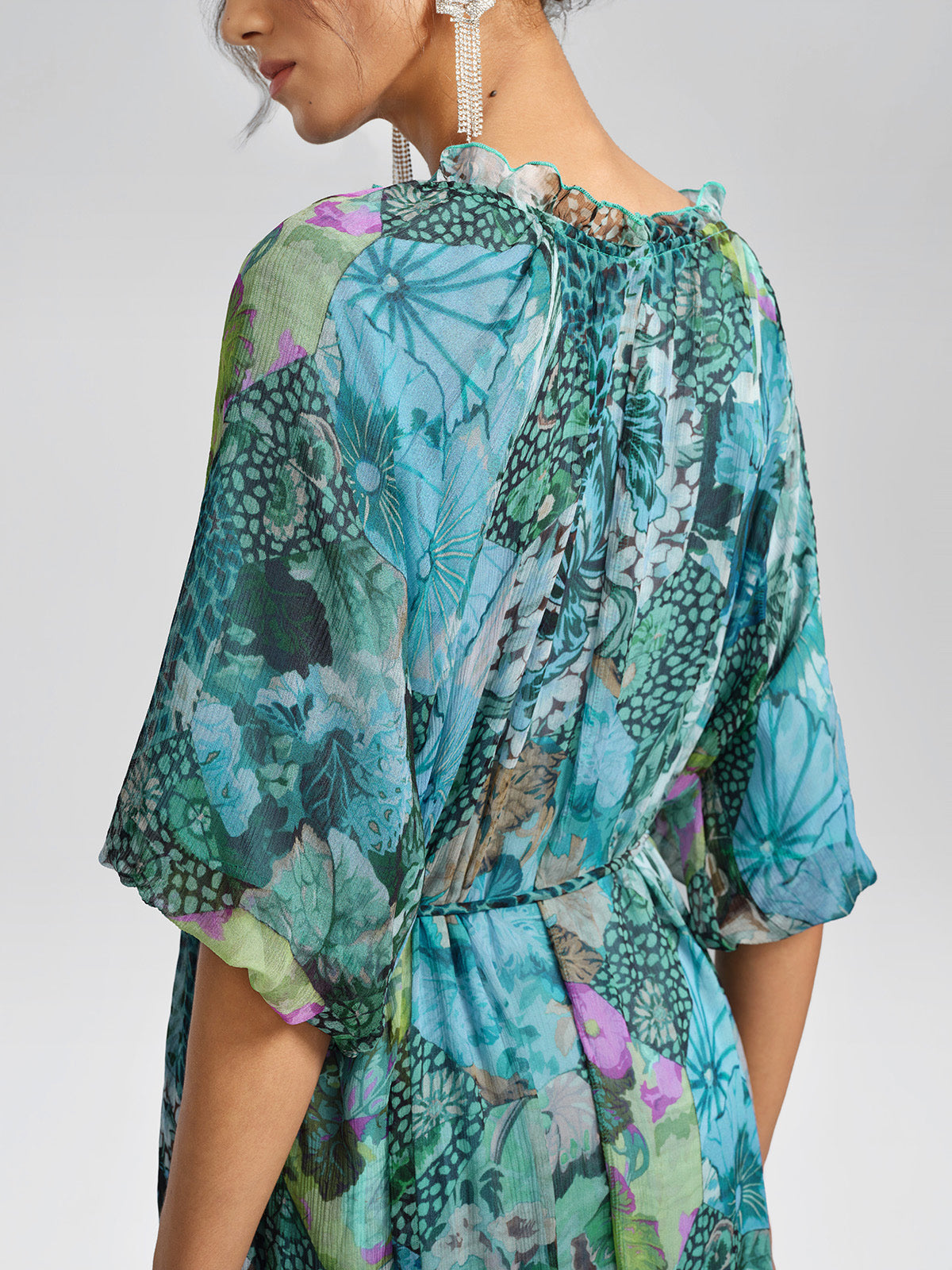 Silk Printed Puff-Sleeve Dress(Waist Tie Included)