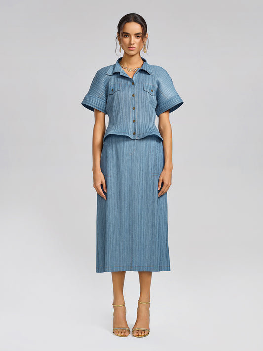 Denim-Blue Vertical Pleated Top & Skirt Set