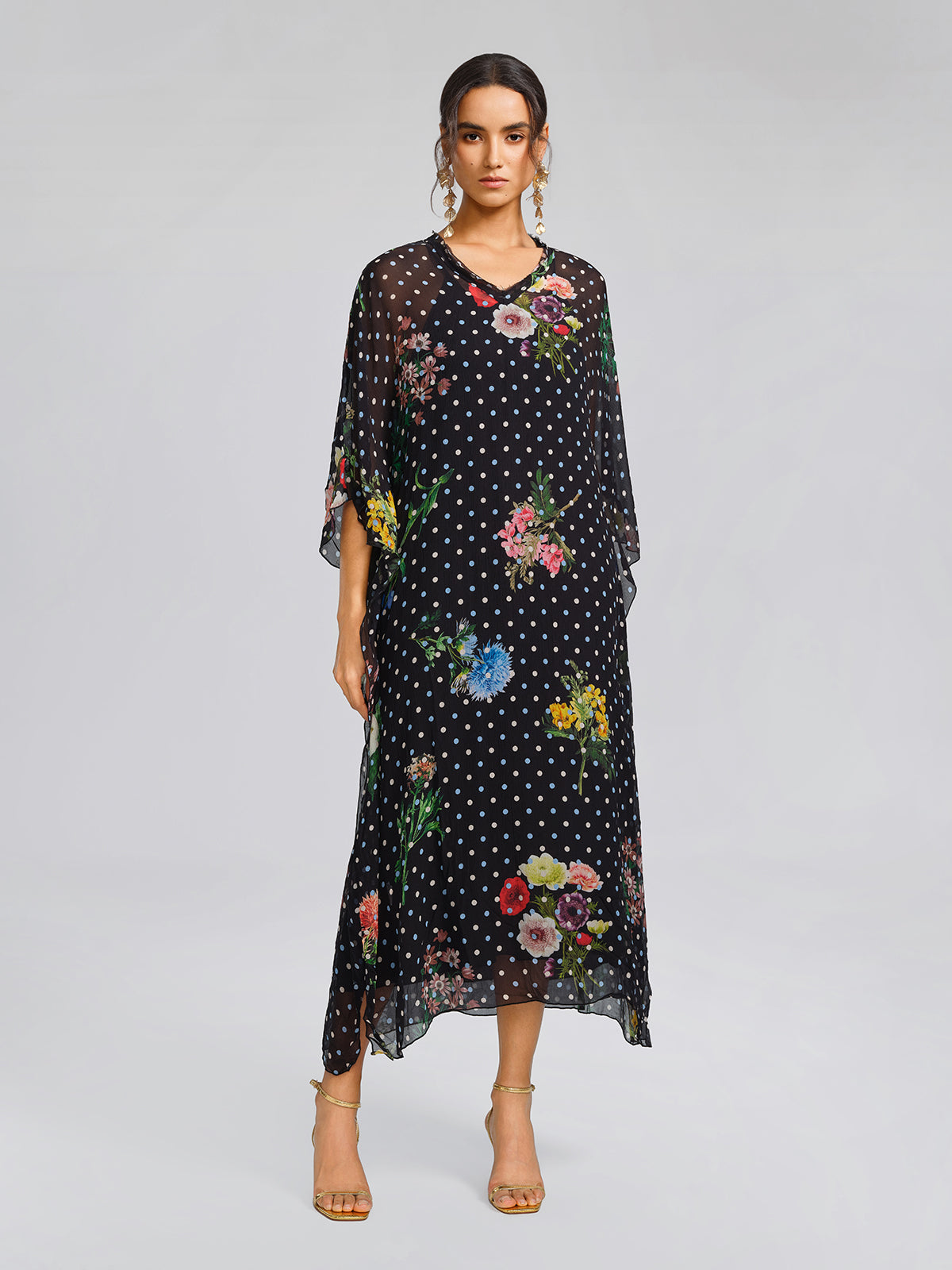 Silk Polka-Dot Print Batwing-Sleeves Dress (Slip Dress Included)