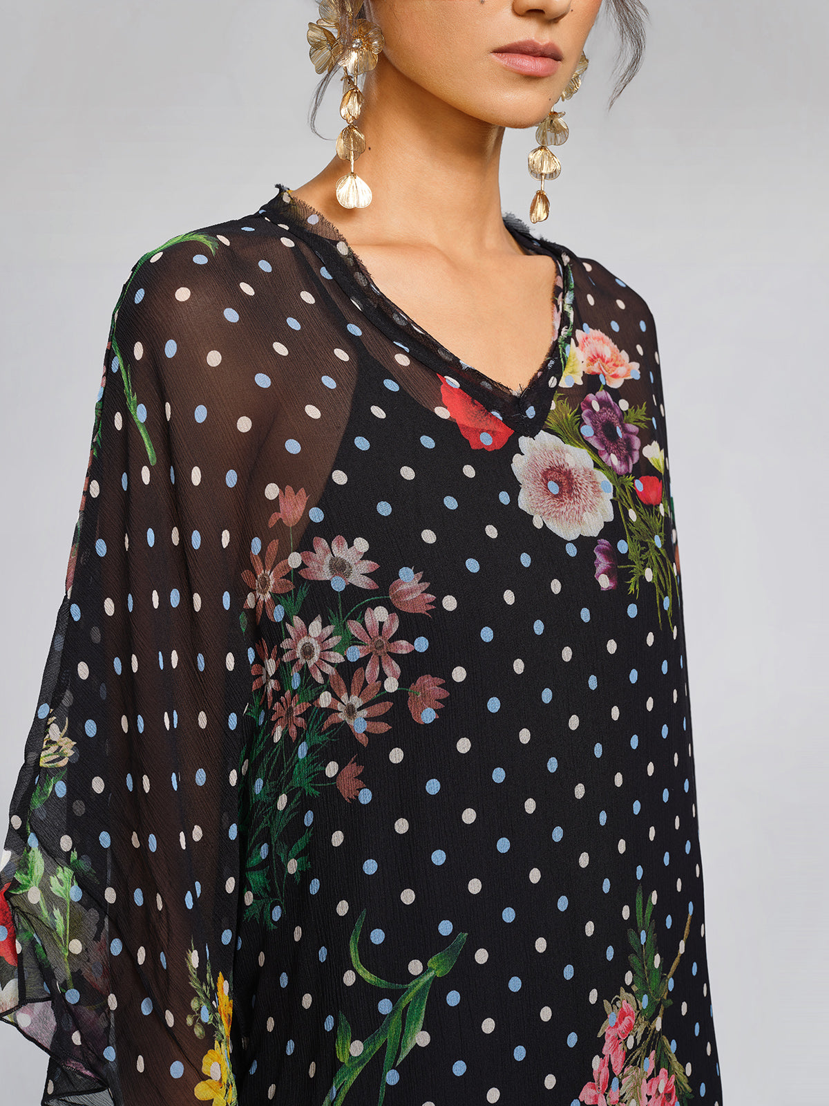 Silk Polka-Dot Print Batwing-Sleeves Dress (Slip Dress Included)
