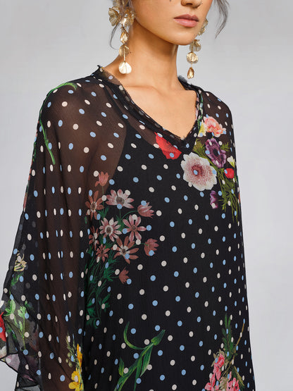 Silk Polka-Dot Print Batwing-Sleeves Dress (Slip Dress Included)