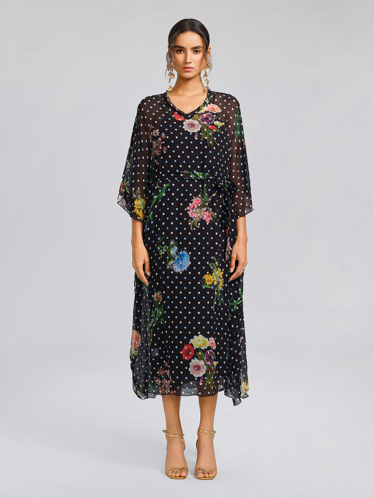 Silk Polka-Dot Print Batwing-Sleeves Dress (Slip Dress Included)