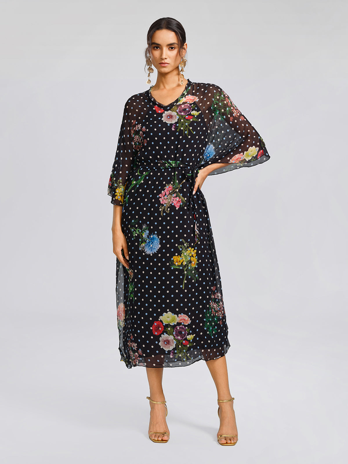Silk Polka-Dot Print Batwing-Sleeves Dress (Slip Dress Included)
