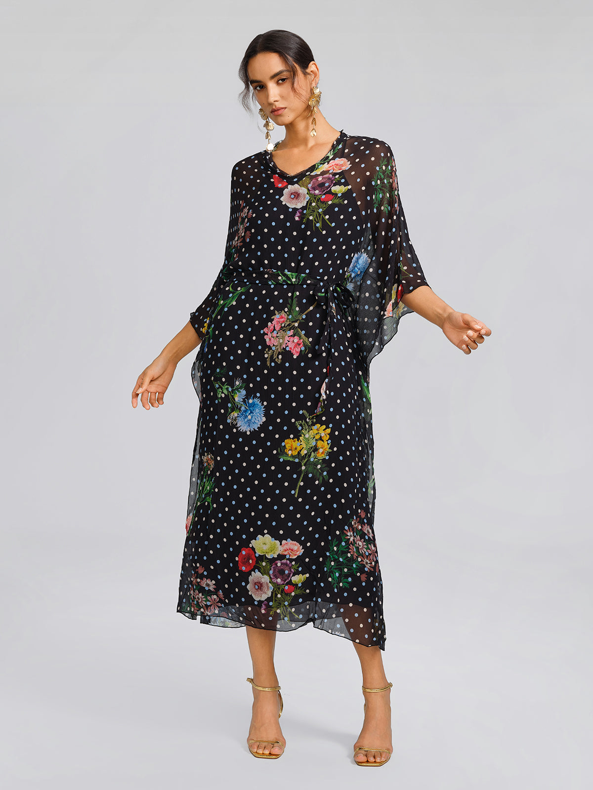 Silk Polka-Dot Print Batwing-Sleeves Dress (Slip Dress Included)