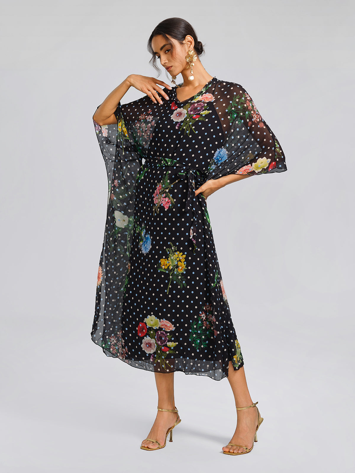 Silk Polka-Dot Print Batwing-Sleeves Dress (Slip Dress Included)