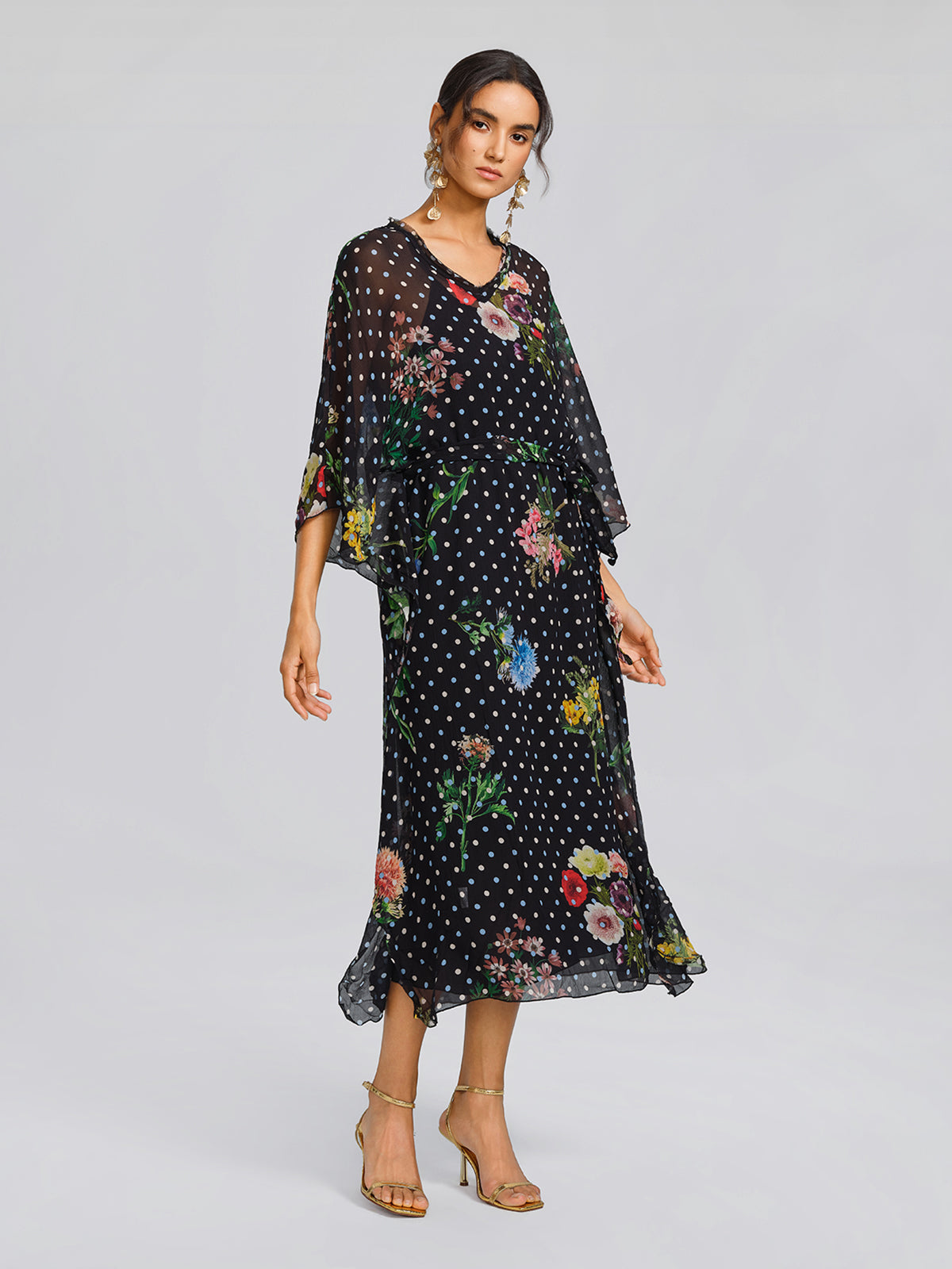 Silk Polka-Dot Print Batwing-Sleeves Dress (Slip Dress Included)