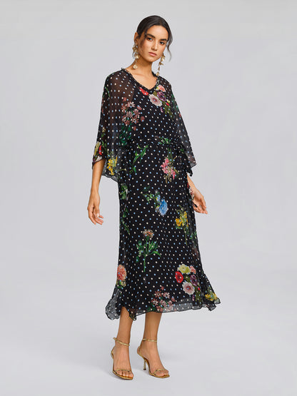 Silk Polka-Dot Print Batwing-Sleeves Dress (Slip Dress Included)
