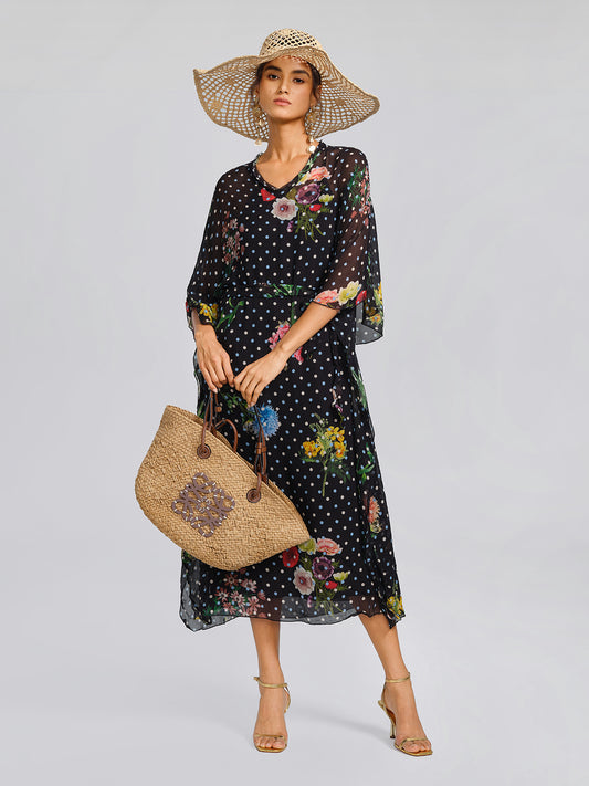 Silk Polka-Dot Print Batwing-Sleeves Dress (Slip Dress Included)
