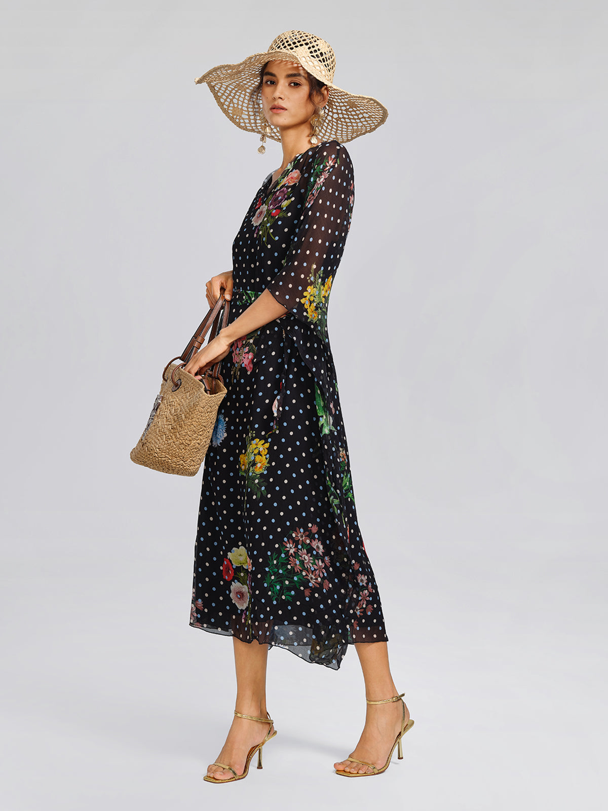 Silk Polka-Dot Print Batwing-Sleeves Dress (Slip Dress Included)