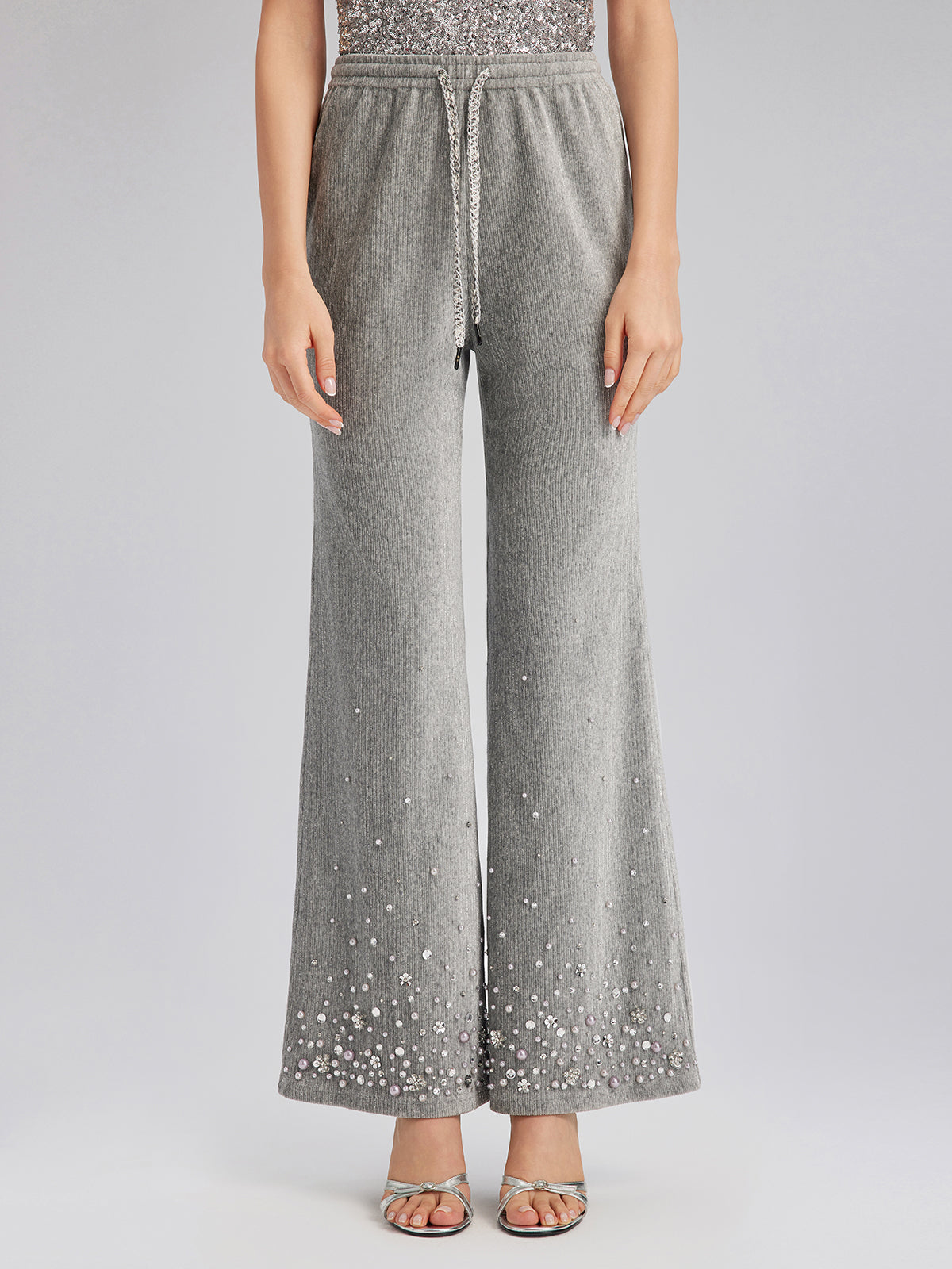 Chenille Ribbed Beaded Straight-Leg Pants